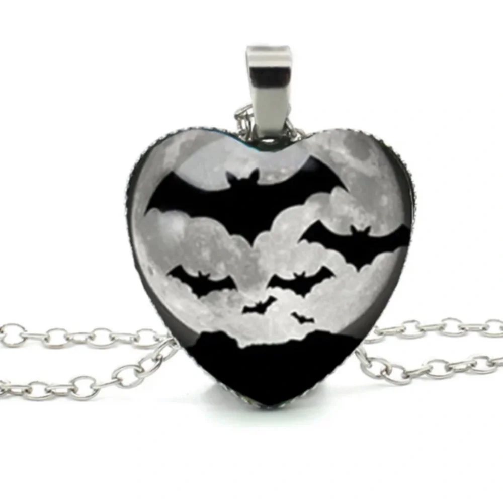 Dome Shape Heart Silver & Black Bat Necklace – Gothic Moon Glass Pendant